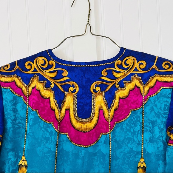 Vintage Silk Flashy 80's Blouse Shoulder Pads Versace Style Purple Teal Size 12 - Picture 8 of 8